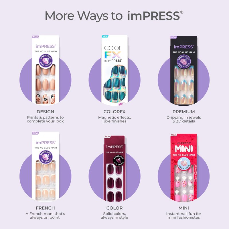 Kiss Impress No Glue Mani Press On Nails, Design, 'Pick Me First', Pink, Medium Size, Oval Shape, Includes 30 Nails, Prep Pad, Instructions Sheet, 1 Manicure Stick, 1 Mini File