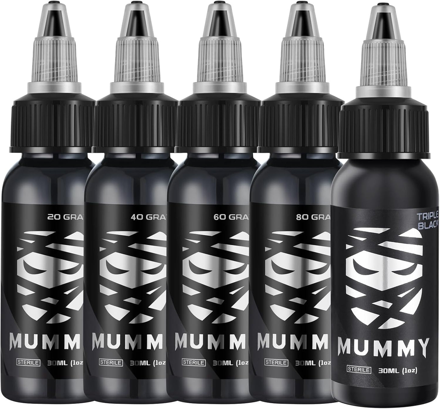 Mummy Tattoo Ink Set - 5 Bottles of Greywash & Triple Black - 1 oz Each for Professional Use