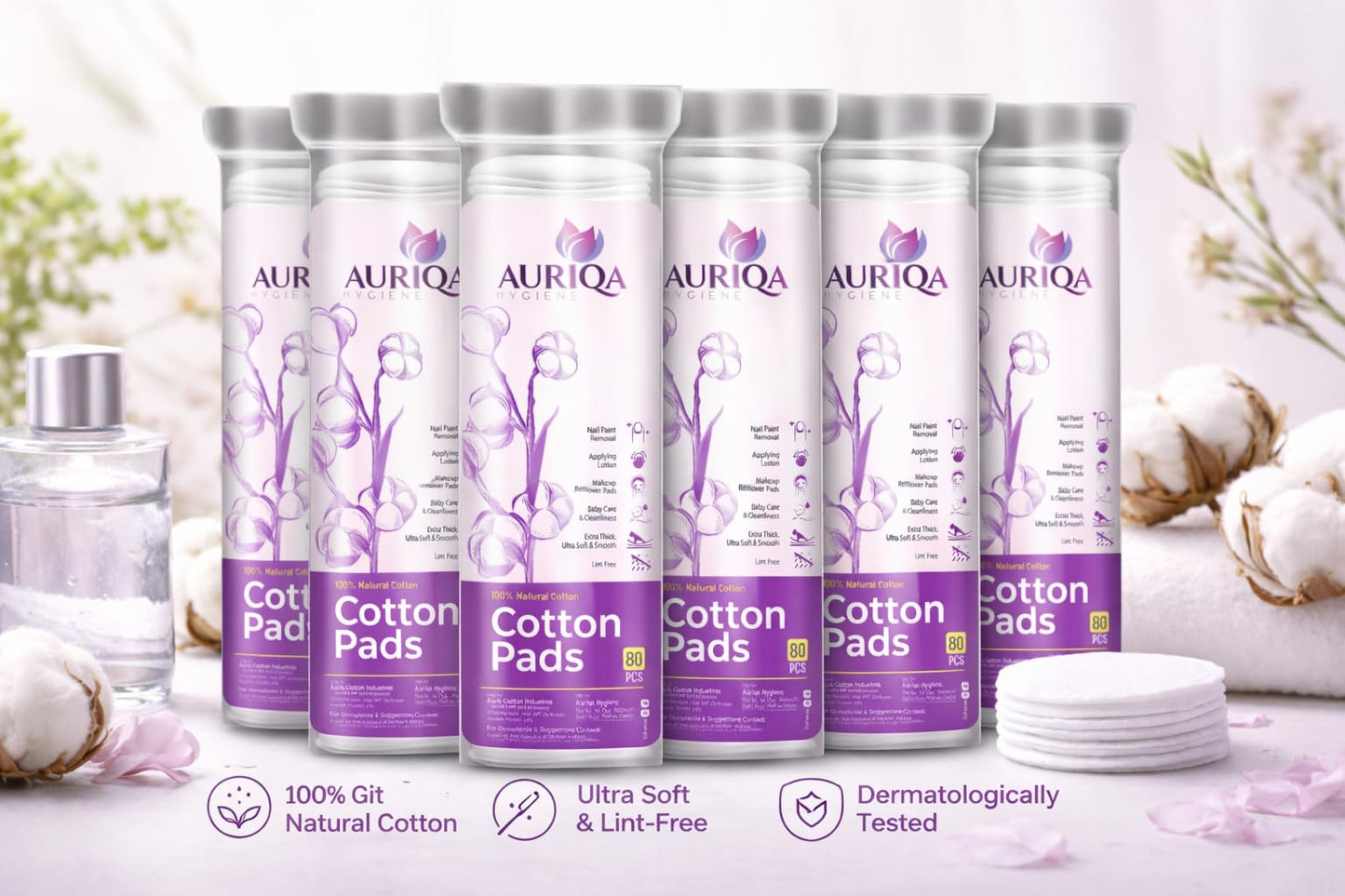 Organic Cotton Pads for Face – Pack of 6, 80 Double-Sided Embossed Soft White Cotton Rounds – Makeup Remover Pads, Facial Cotton Balls, Reusable Skincare Rounds for Toner and Gentle Cleansing