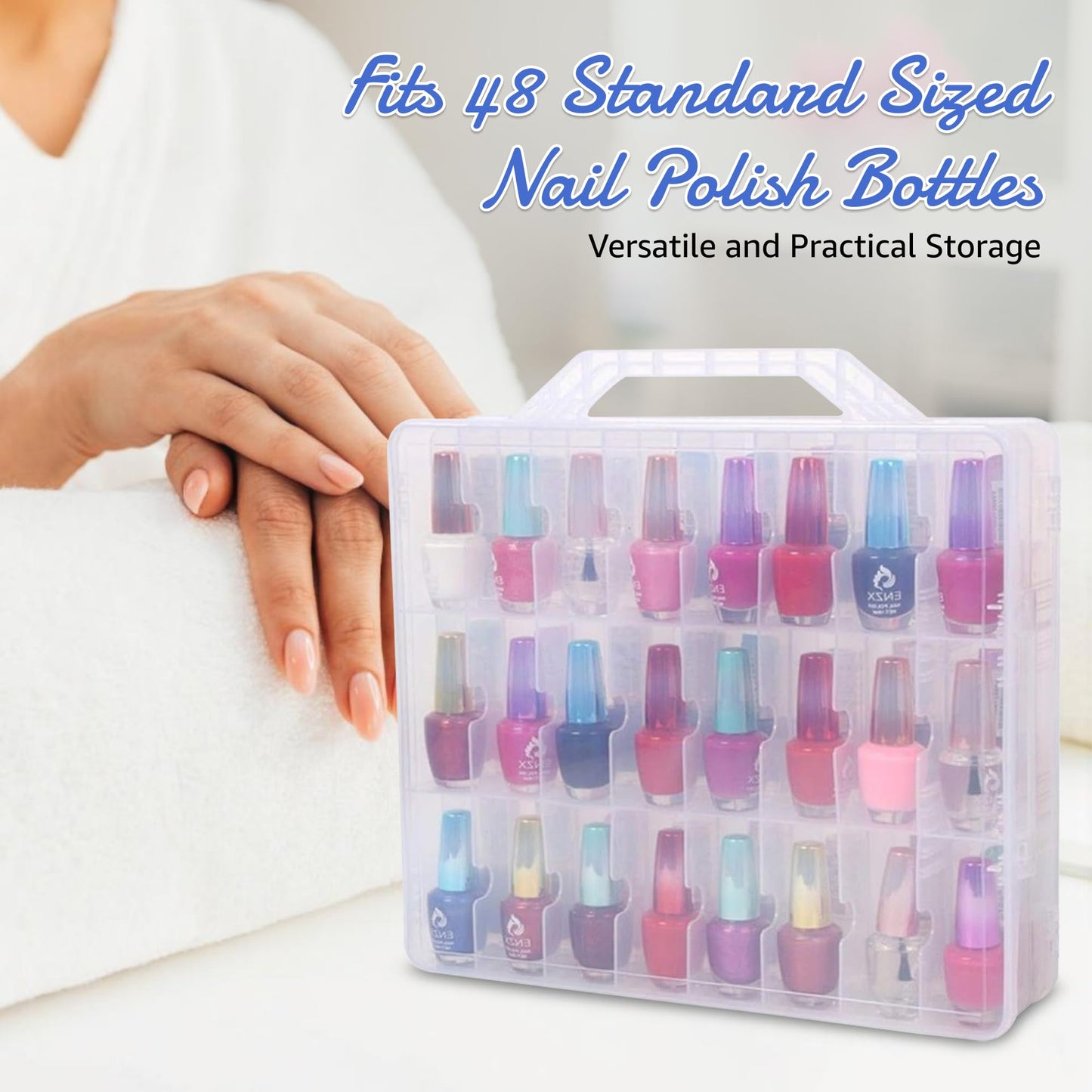 AISLE 3 ESSENTIALS Nail Polish Organizer for 48 Bottles, Clear Double Sided Nail Polish Storage Case with Adjustable Dividers, Portable Nail Supplies Organizer with Handle