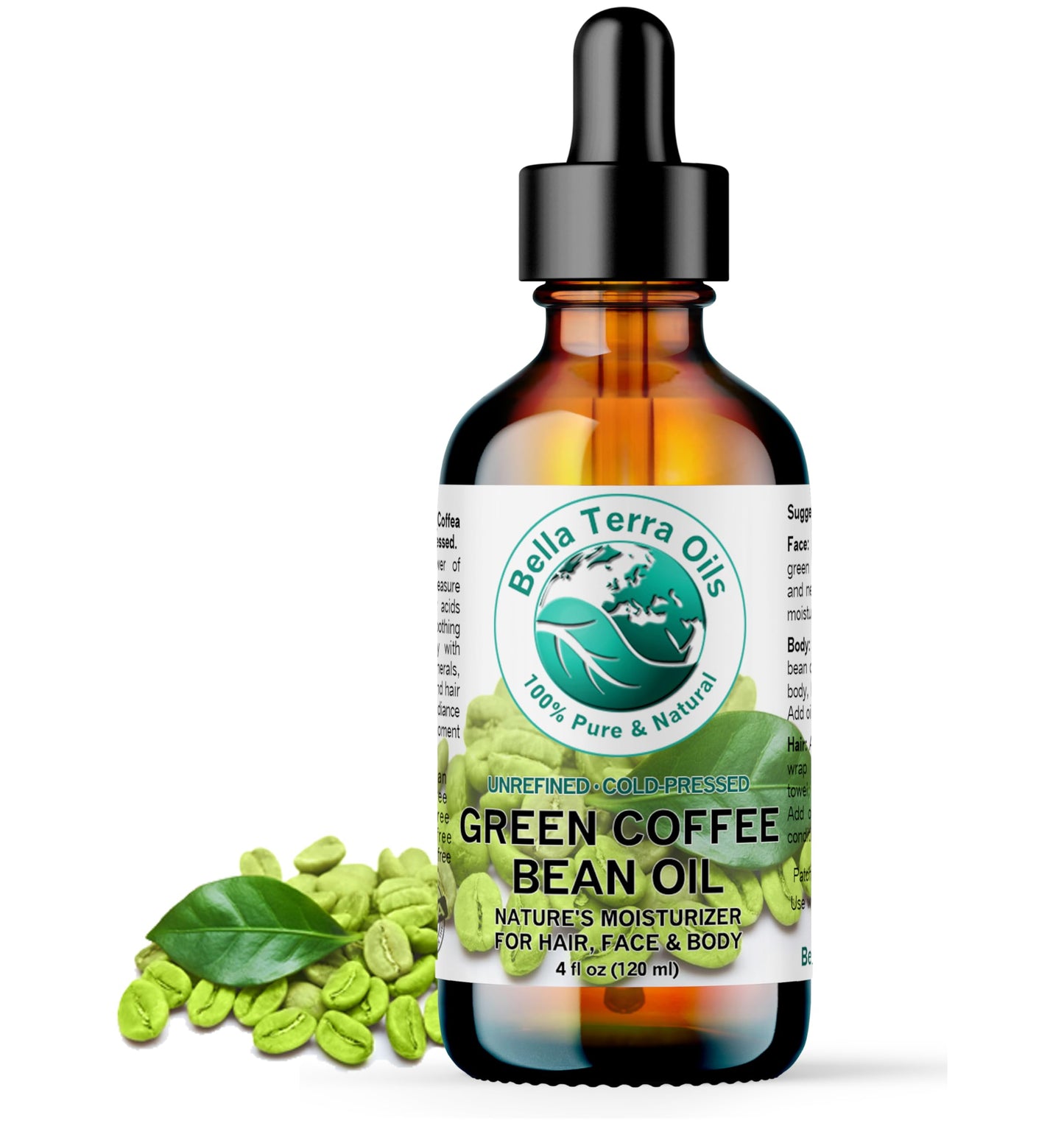 Bella Terra Oils - Green Coffee Bean Oil 4 oz - Rich in Quinic Acid & Lignans, Cold-Pressed from Authentic Coffee Beans, Premium Skin Nourishment