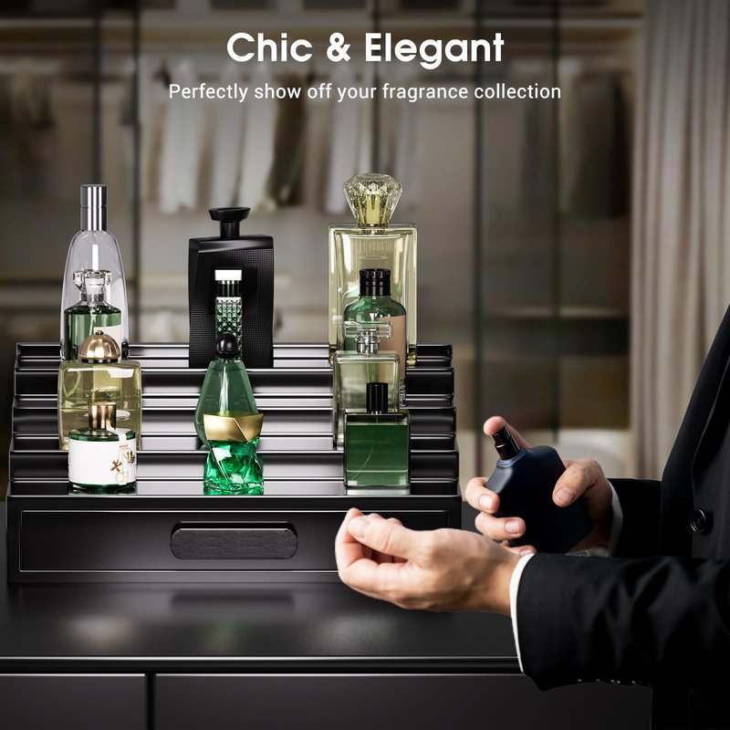 ProCase 4 Tiers Lacquered Finish Wooden Cologne Organizer for Men, Perfume Display Stand Shelf with Drawer, Men's Cologne Storage Rack, A Perfect Cologne Holder Gift for Father Dad -Black