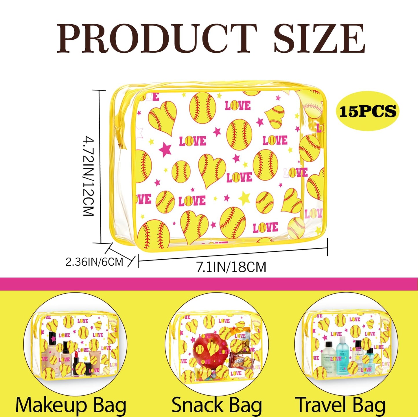 oyhqes 15PCS Softball Cosmetic Bag-Waterproof Softball Goodie Bag PVC Clear Portable Makeup Bags 6.1 x 4.72 x 2.36''Softball Team Gifts for Girls Team Player