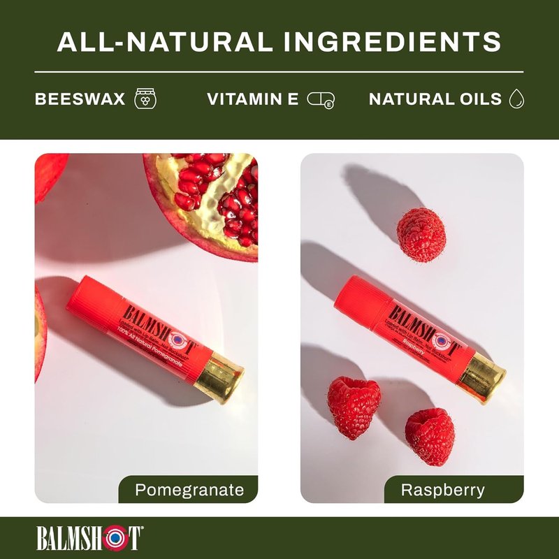 BALMSHOT Lip Balm 4-Pack | SPF 15 Beeswax Formula in Pomegranate & Raspberry - Durable Shotgun Shell Tube