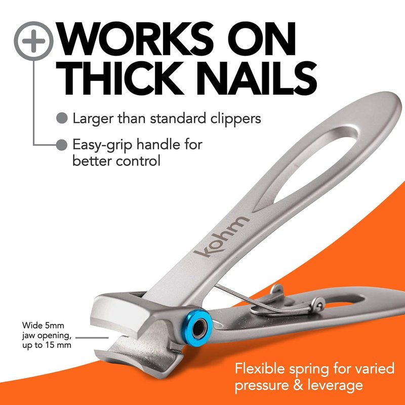 KOHM Nail Clippers Set - Heavy-Duty Wide Mouth Clippers for Thick Nails | Professional Silver Fingernail & Toenail Care