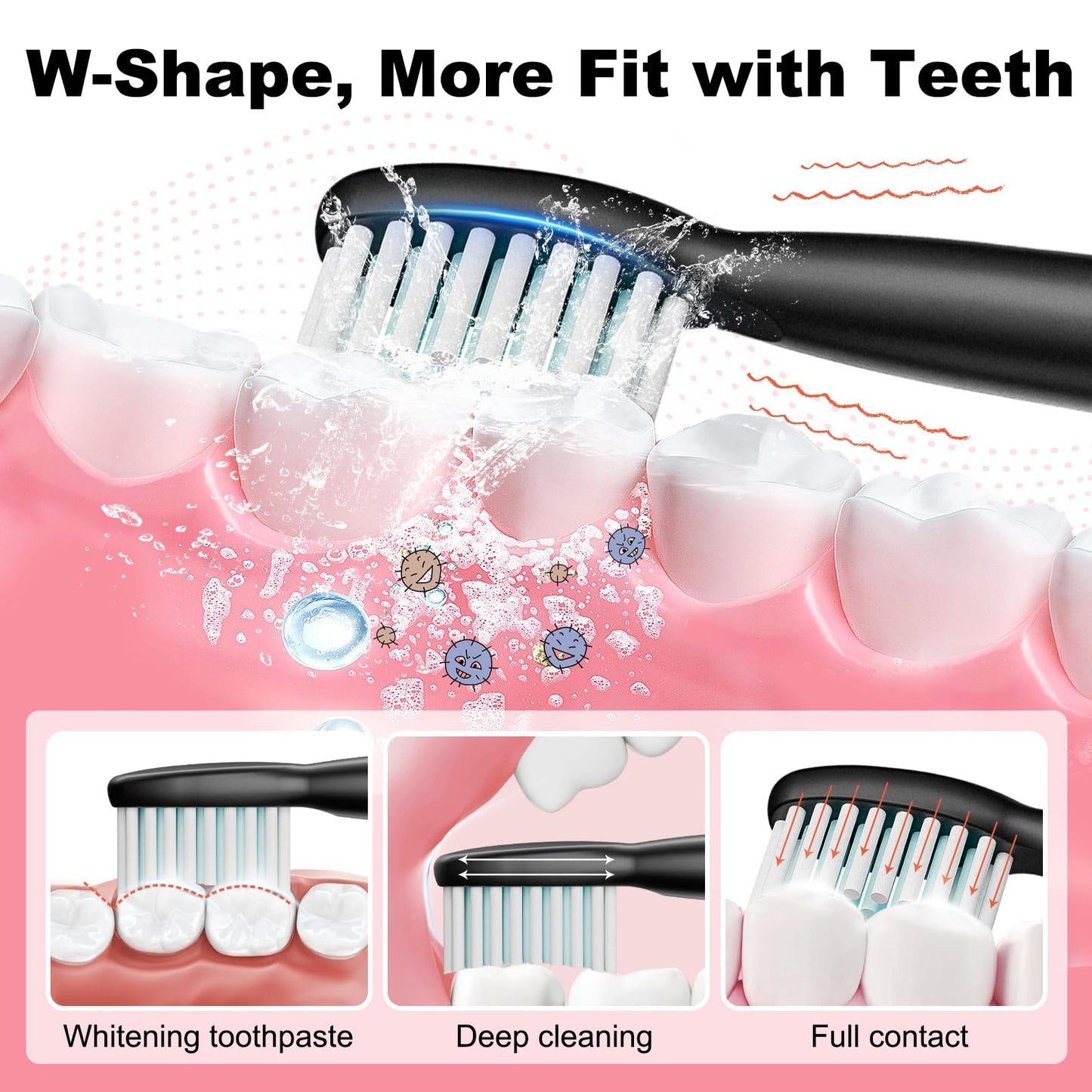 MAXWISDOM Rechargeable Electric Toothbrush, 8 Brush Heads, with 100 Day Battery Life, 5 Cleaning Modes, Fast Type-C Charging, Comes with Portable Travel Case & Holder, Black