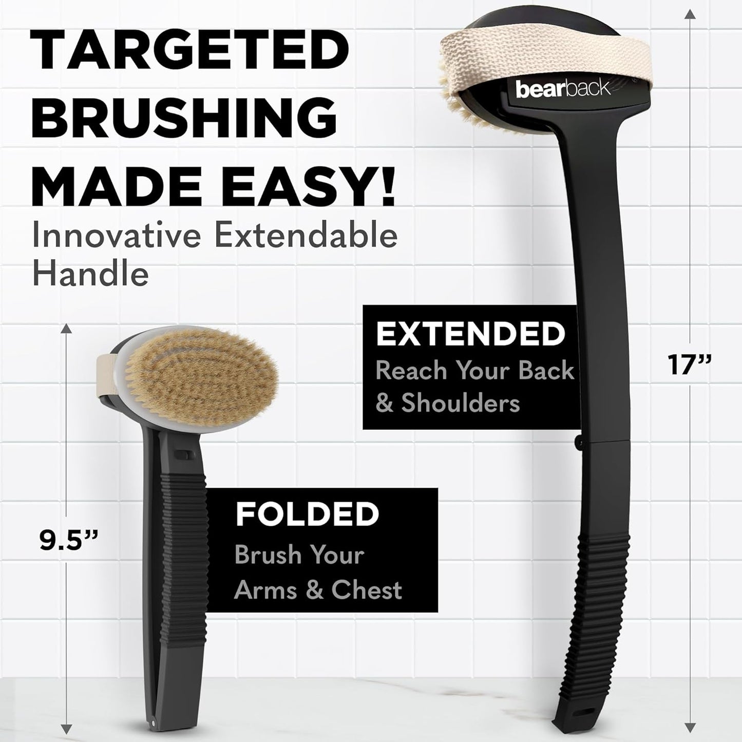 Bearback Dry Brushing Body Brush - Natural Bristles for Exfoliating | Long Handle & Removable Head