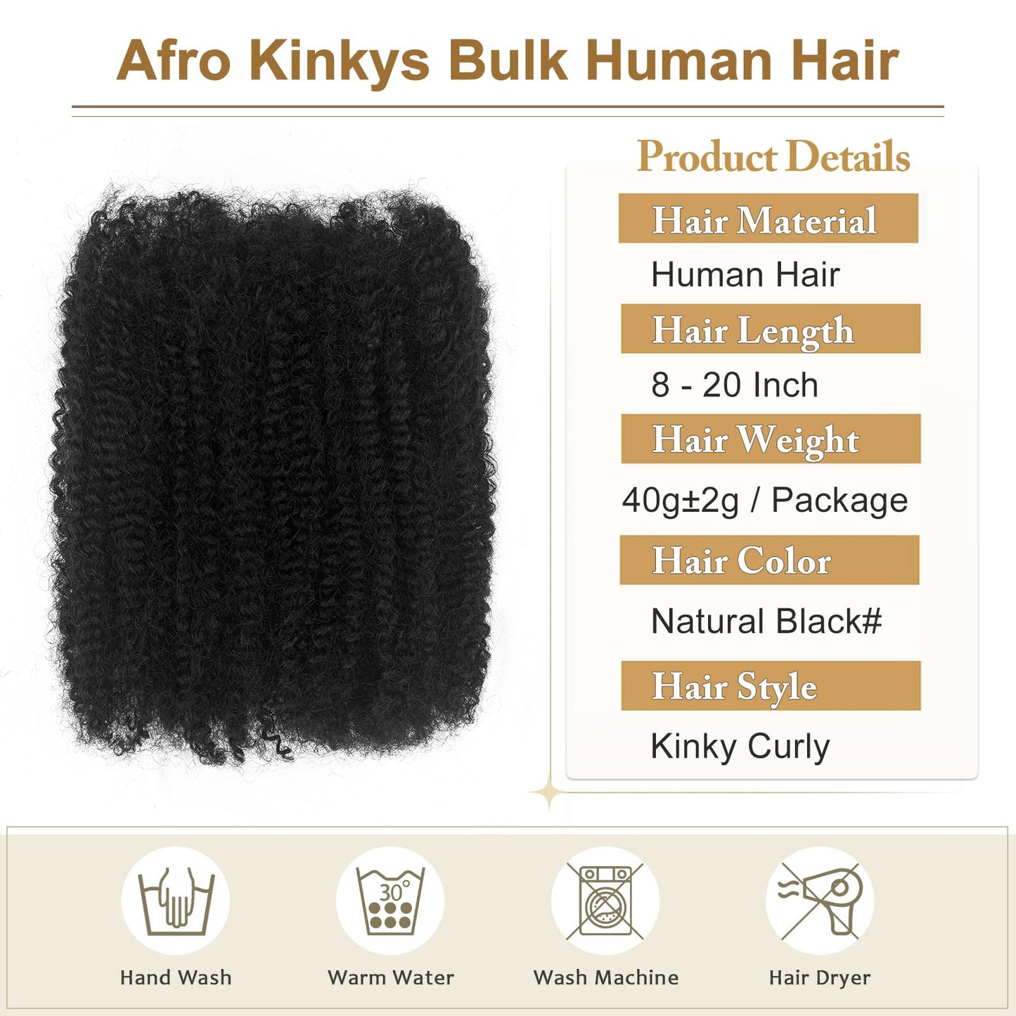 Afro Kinkys Bulk Human Hair For Braiding 10 Inch Afro Kinky-Curly Human Hair Bulk For Mini Twist Micro Locs Dreadlocks Extensions 1 Bundle (10Inchs,40g/pack)