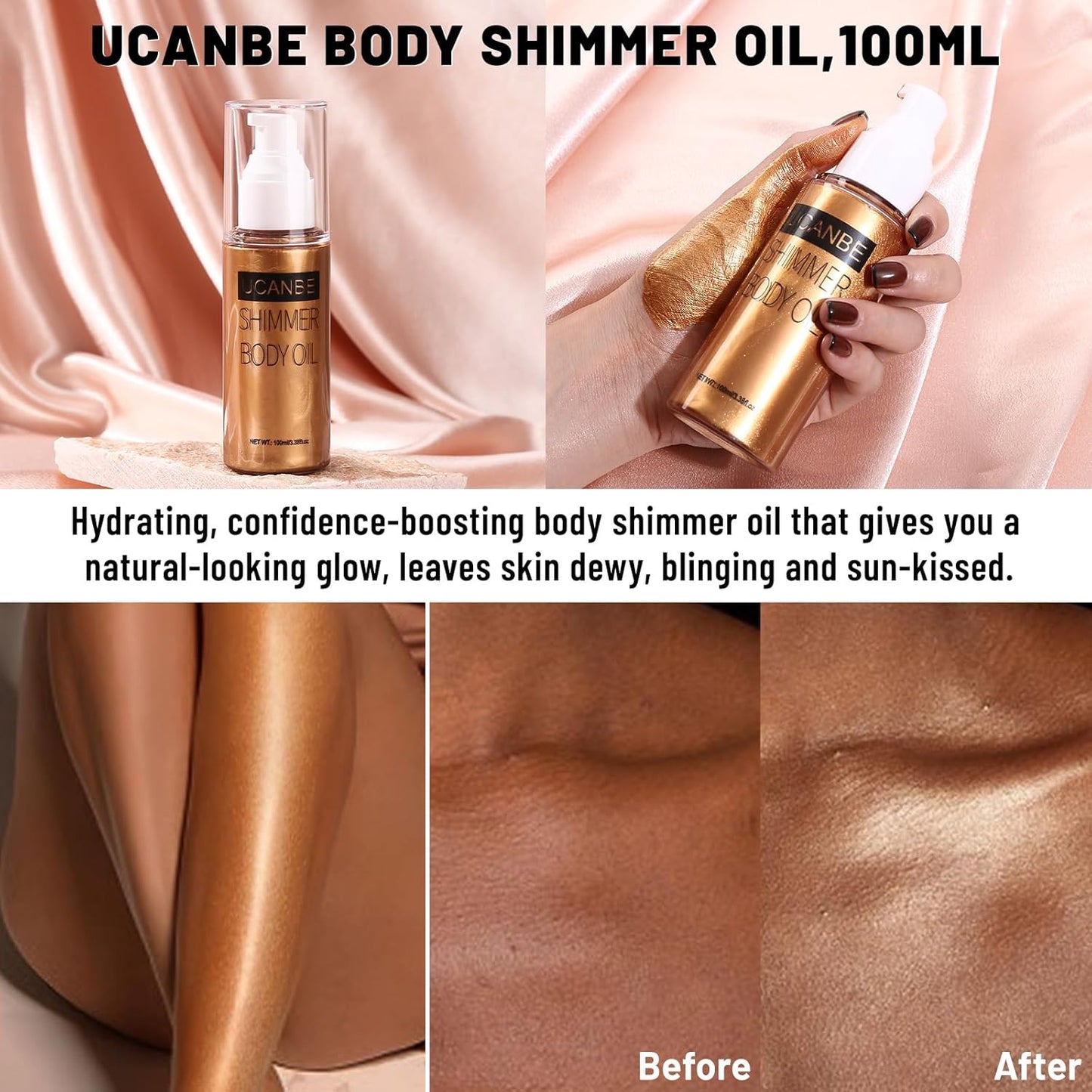 UCANBE Body Shimmer Oil - Moisturizing Glitter Illuminator for Glowing Skin | 100ml Bronze Gold
