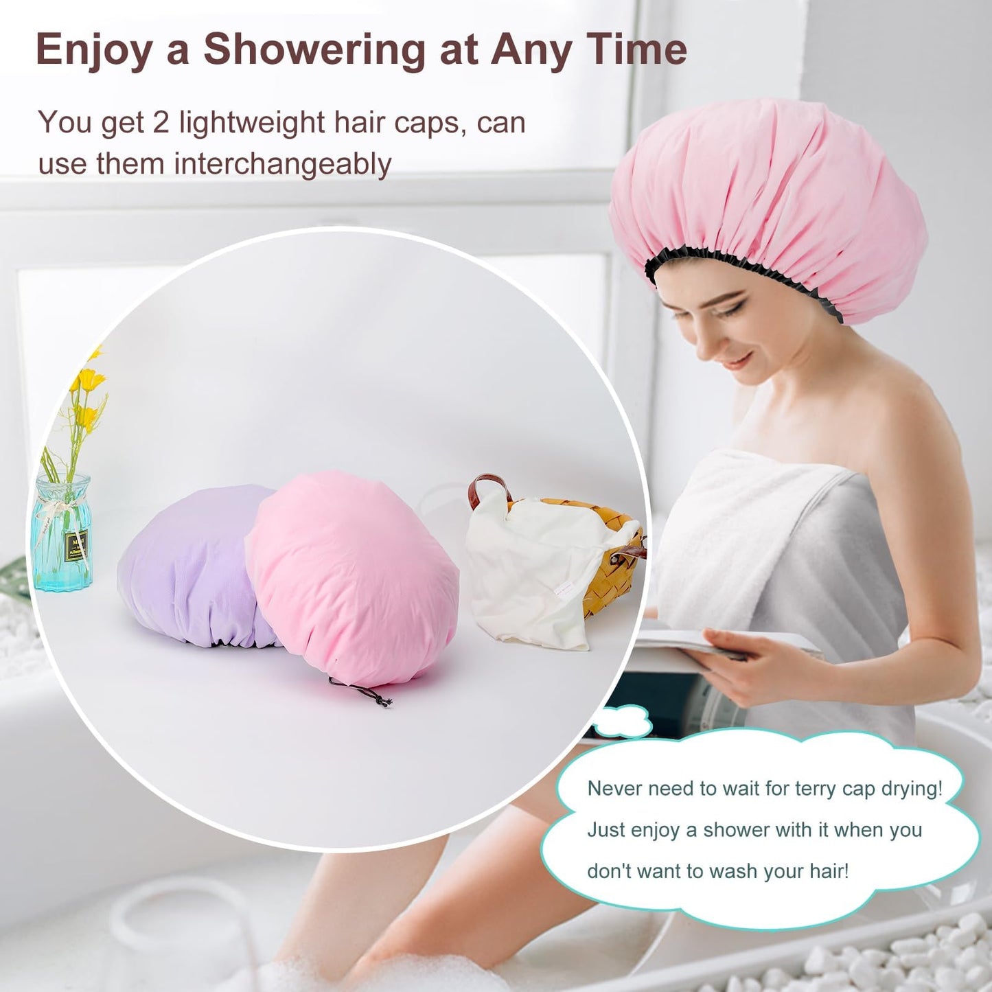 Sheomern 2 Pcs 16.5"Jumbo Adjustable Terry Cloth Lined Shower Caps for Long Hair & Braids, Extra Large Dual Waterproof Hair Cap for Women & Men, Reusable XXL for Dreadlocks, Locs