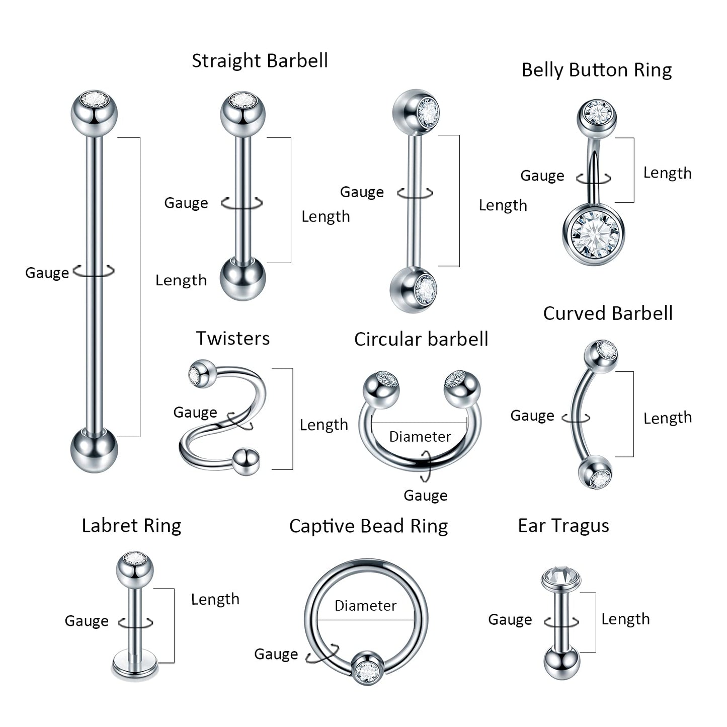 Oveta 100PCS Piercing Kit Stainless Steel 14G 16G 20G Nose Studs Lip Tongue Trague Cartilage Helix Daith Eyebrow Belly Button Ring Body Piercing Jewelry