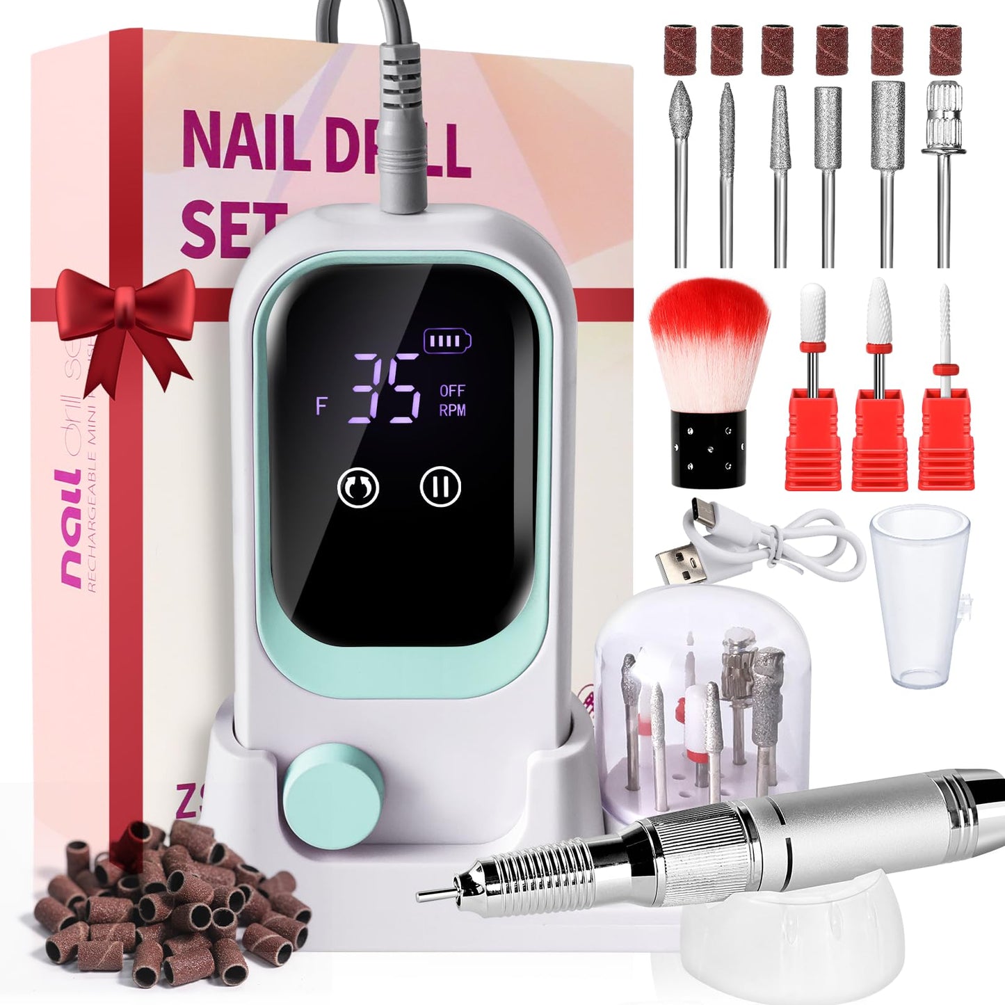 LIMEGIRL Electric File Nail Drill Professional 35000RPM Green Nail File with Rechargeable Base & Bits Nail Drill Bit Nail Files and Buffers for Acrylic Nail Remove Nail Tech Must Haves for Salon Home