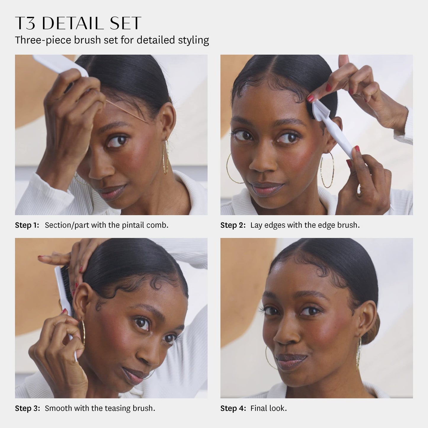 T3 Detail Set with Pintail Comb, Edge Brush, and Teasing Brush, Three-Piece Hair Brush and Comb Set with Premium Vegan Boar Bristles and Flexible Teeth for Smoothing, Detailing, and Styling Edges
