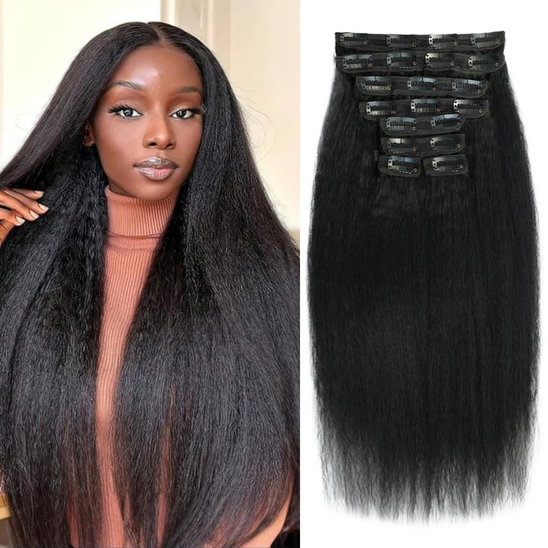Real Human Hair Clip-In Extensions - 110g Kinky Straight Brazilian Hair | 14-Inch, 8 Pcs Set for Women