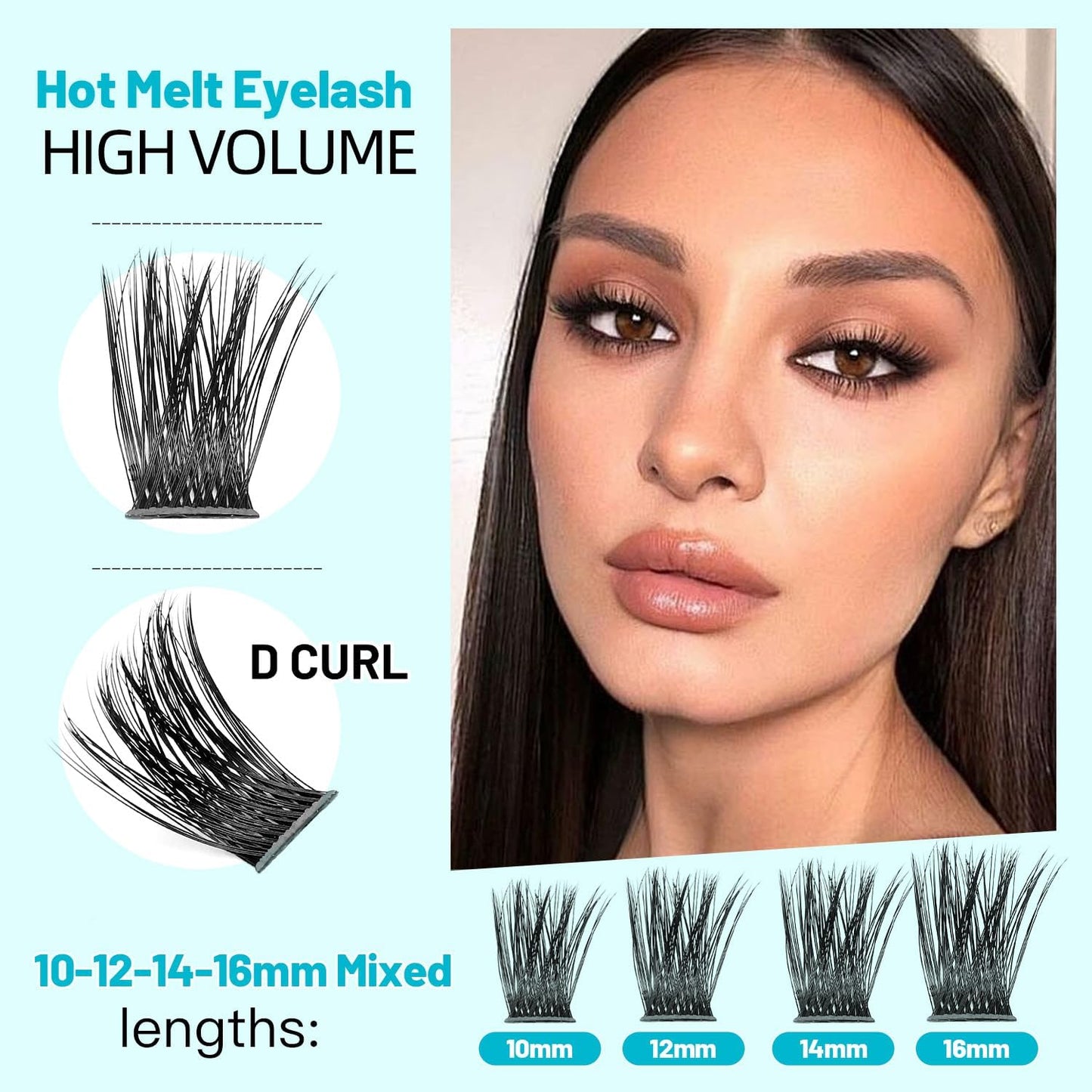 Hannahool10Rows Mixed 10-12-14-16mm /8-10-12-14mm Individual False Eyelashes D Curl Wide Stem Makeup Cluster Eyelashes Natural Volume Eye Lashes Extensions (HD-lashes kit-10-12-14-16MM Mixed)