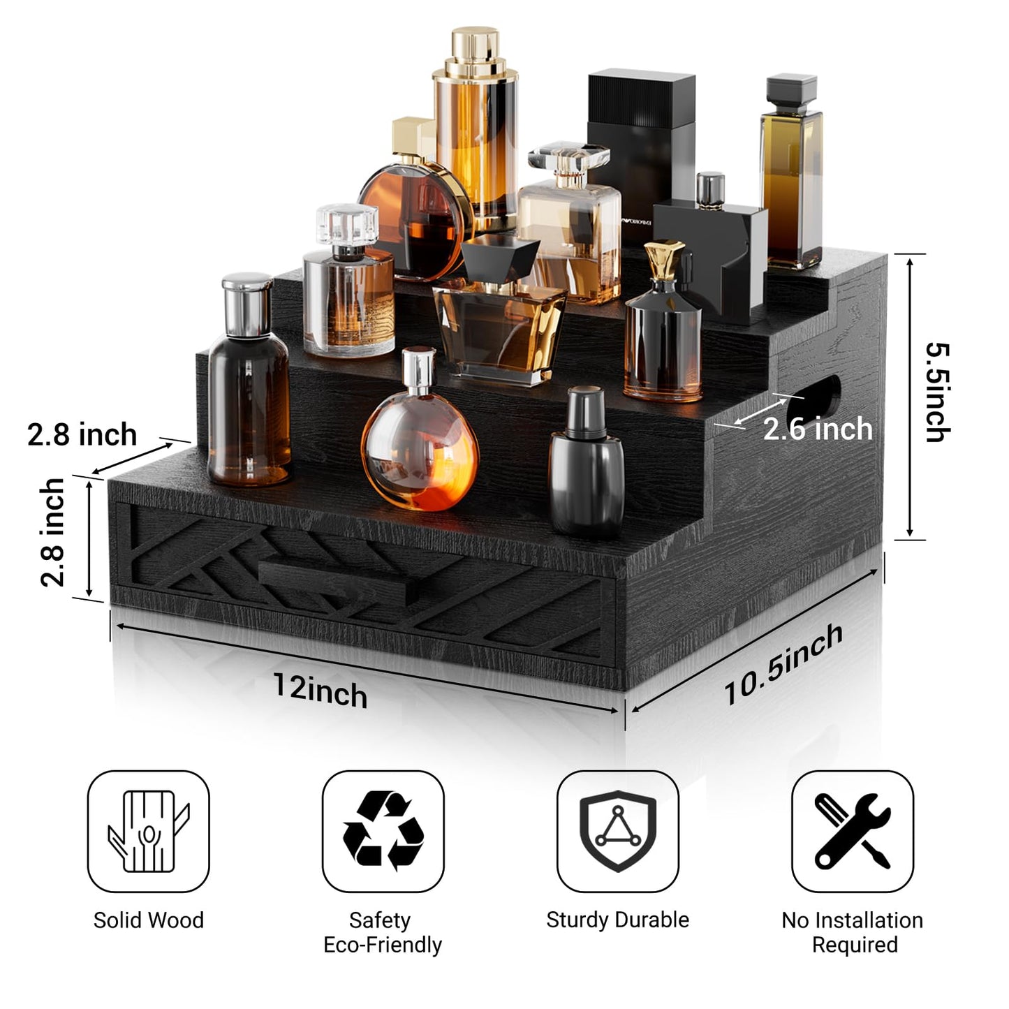 Wood Cologne Organizer for Men,12 Inch Black Cologne Stand with Drawer and Hidden Compartment Perfume Organizer for Dresser,Wooden Display Risers Stand for Perfume Makeup,Figures,A Gift for Men