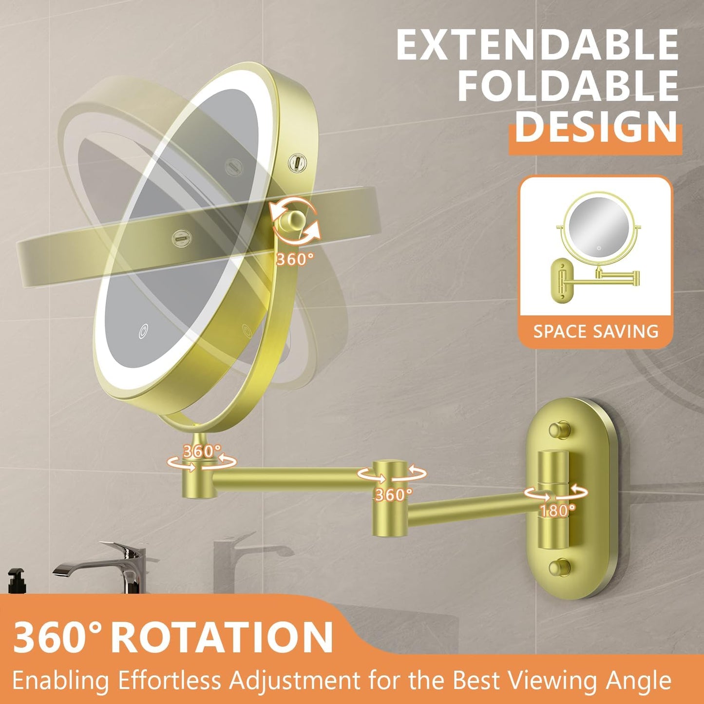 Auxmir Wall Mounted Makeup Mirror - 1X/30X Double-Sided Magnifying, Dimmable 3-Color Light, 360° Rotation | 8" Gold Finish