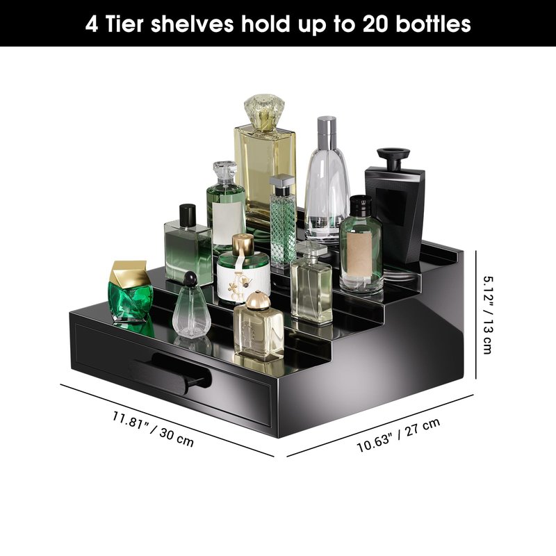 ProCase 4 Tiers Lacquered Finish Wooden Cologne Organizer for Men, Perfume Display Stand Shelf with Drawer, Men's Cologne Storage Rack, A Perfect Cologne Holder Gift for Father Dad -Black