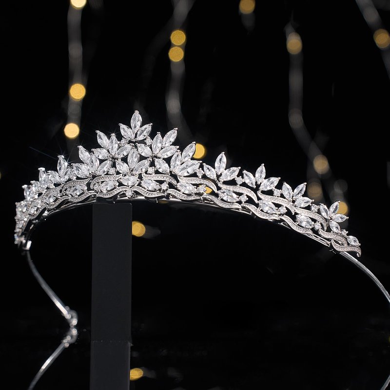 Sparkling CZ Tiaras for Women Floral Bride Crown Platinum Plated Wedding Quinceanera Prom Homecoming Crowns Flower Wave Design Bridal Jewelry Gift