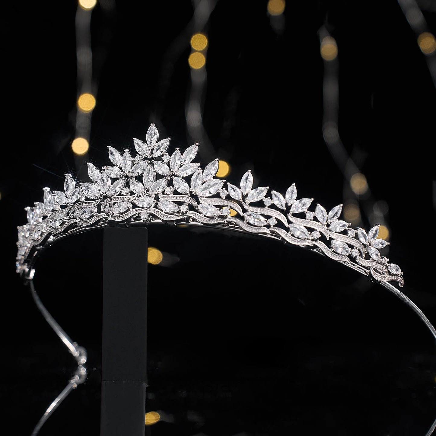 Sparkling CZ Tiaras for Women Floral Bride Crown Platinum Plated Wedding Quinceanera Prom Homecoming Crowns Flower Wave Design Bridal Jewelry Gift