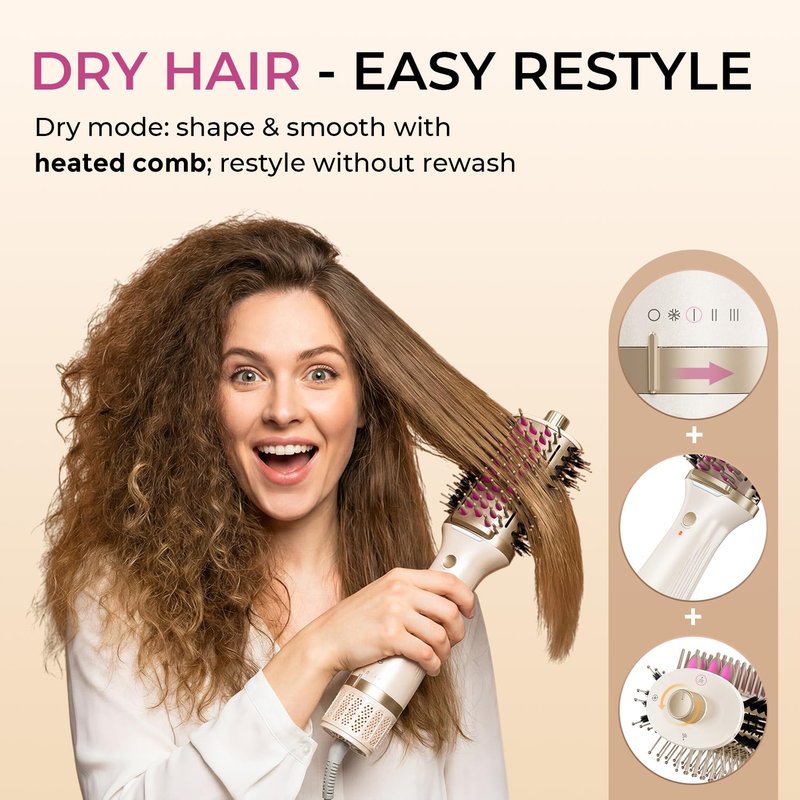 GOMYTH Upgraded 5-in-1 Blow Dryer Brush with Heated Comb - Volumizer Hair Dryer Brush for Wet & Dry Hair, Ideal for Thick Curly Hair, Salon Blowout, Frizz-Free Shiny Hair, Reduced Heat Damage - 70mm