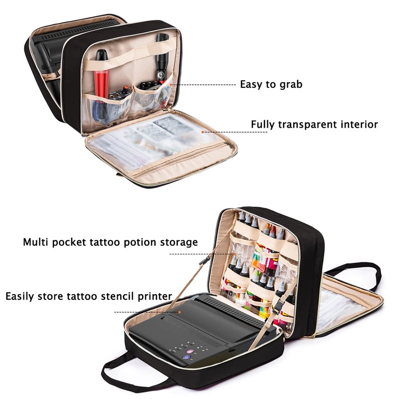 ELCUPA Tattoo Carrying Case-Tattoo Supplies Organizer-Tattoo Kit Case -Tattoo Supplies Carrying Bag for Tattoo Stencil Printer, Tattoo Ink, Tattoo Equipment, Tatoo Pens Black (BAG ONLY)