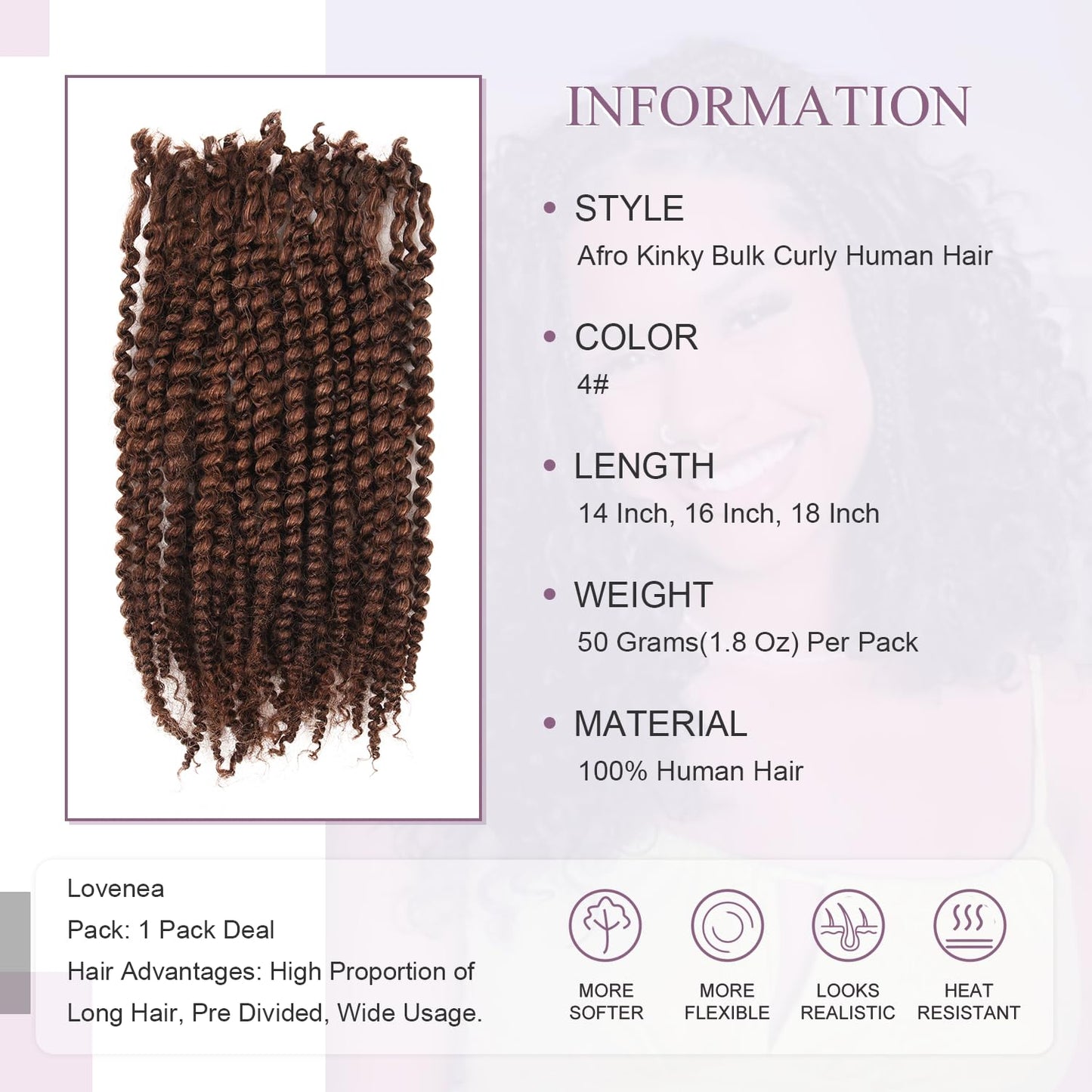 Lovenea Afro Kinky Curly Bulk Human Hair 50g/pack 100% Real Human Hair for Mini Twist/Braiding/Loc Extensions Curly Hair Natural Afro Bulk for Dreadlocks (4#, 14 Inch-50g)