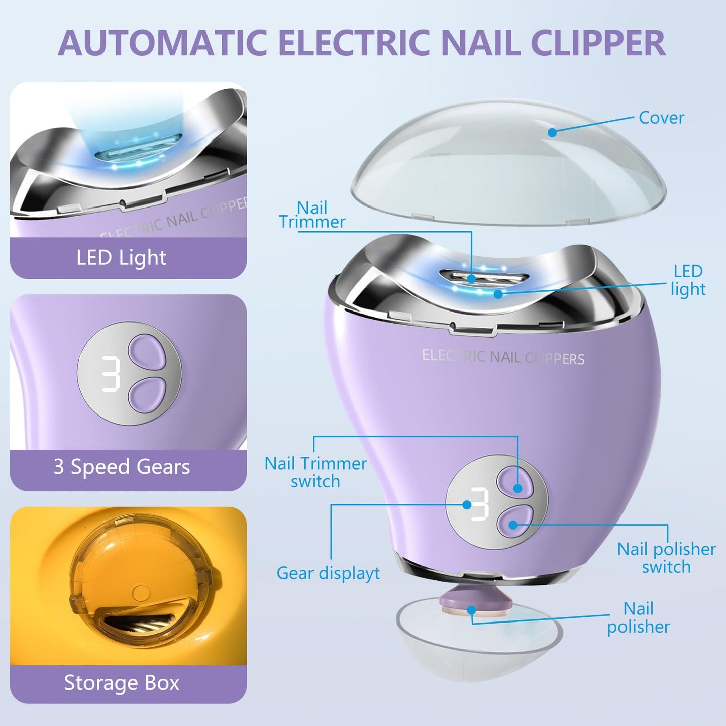 Electric Nail Clippers for Seniors with Electric Nail File, Led Light and 3 Speeds, Automatic Electric Nail Trimmer Adult and Kids Nail Clippers, Fingernail Grinder with Storage for Scraps (Purple)