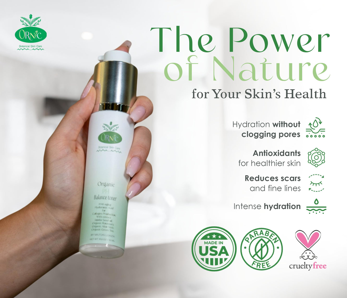 Ornic Botanical Skin Care - Organic Facial Toner with Hyaluronic Acid, Collagen, Rosemary & Aloe Vera - Natural Face Care for Hydration & Balance - Vegan & Cruelty-Free - 1.69 oz (50 ml)