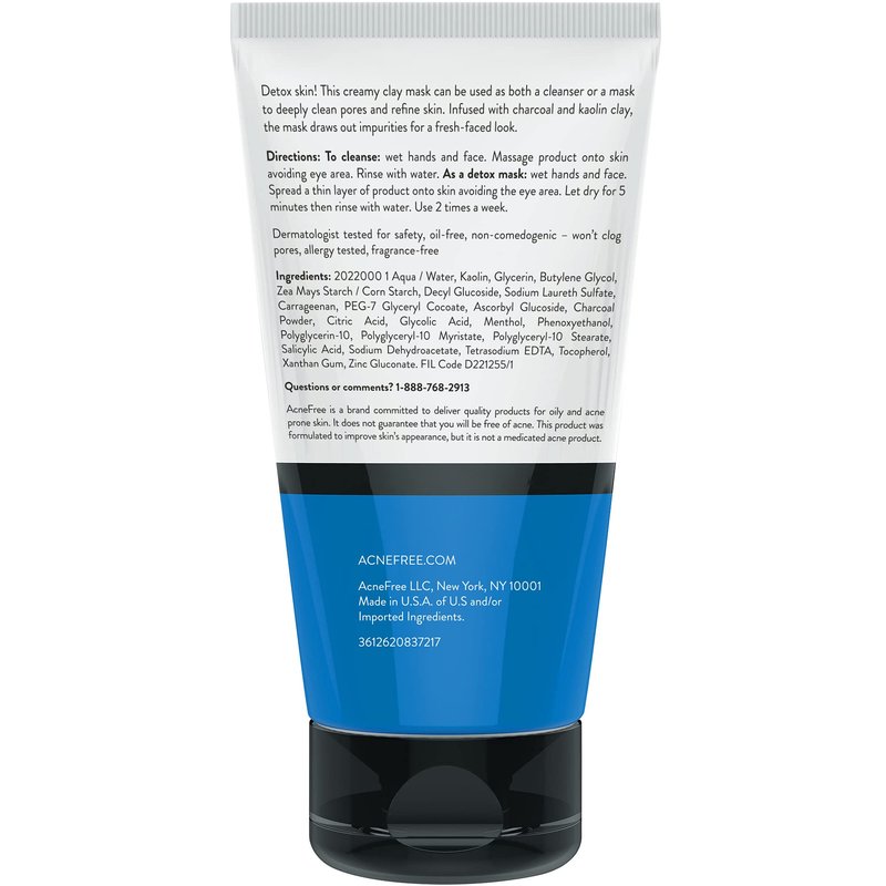 Acne Free Kaolin Clay Detox Mask 5oz with Charcoal, Kaolin Clay, Vitamin E + Zinc, Cleanser or Mask for Oily Skin, To Deeply Clean Pores and Refine Skin