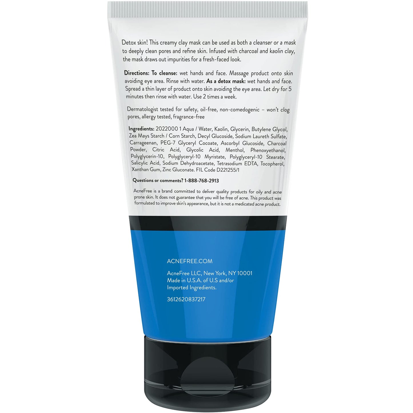 Acne Free Kaolin Clay Detox Mask 5oz with Charcoal, Kaolin Clay, Vitamin E + Zinc, Cleanser or Mask for Oily Skin, To Deeply Clean Pores and Refine Skin