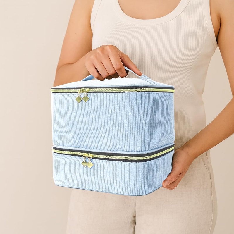 Nail Polish Organizer Bag - Double-Layer Tote for 30 Bottles & Nail Lamp | Blue Carrying Case