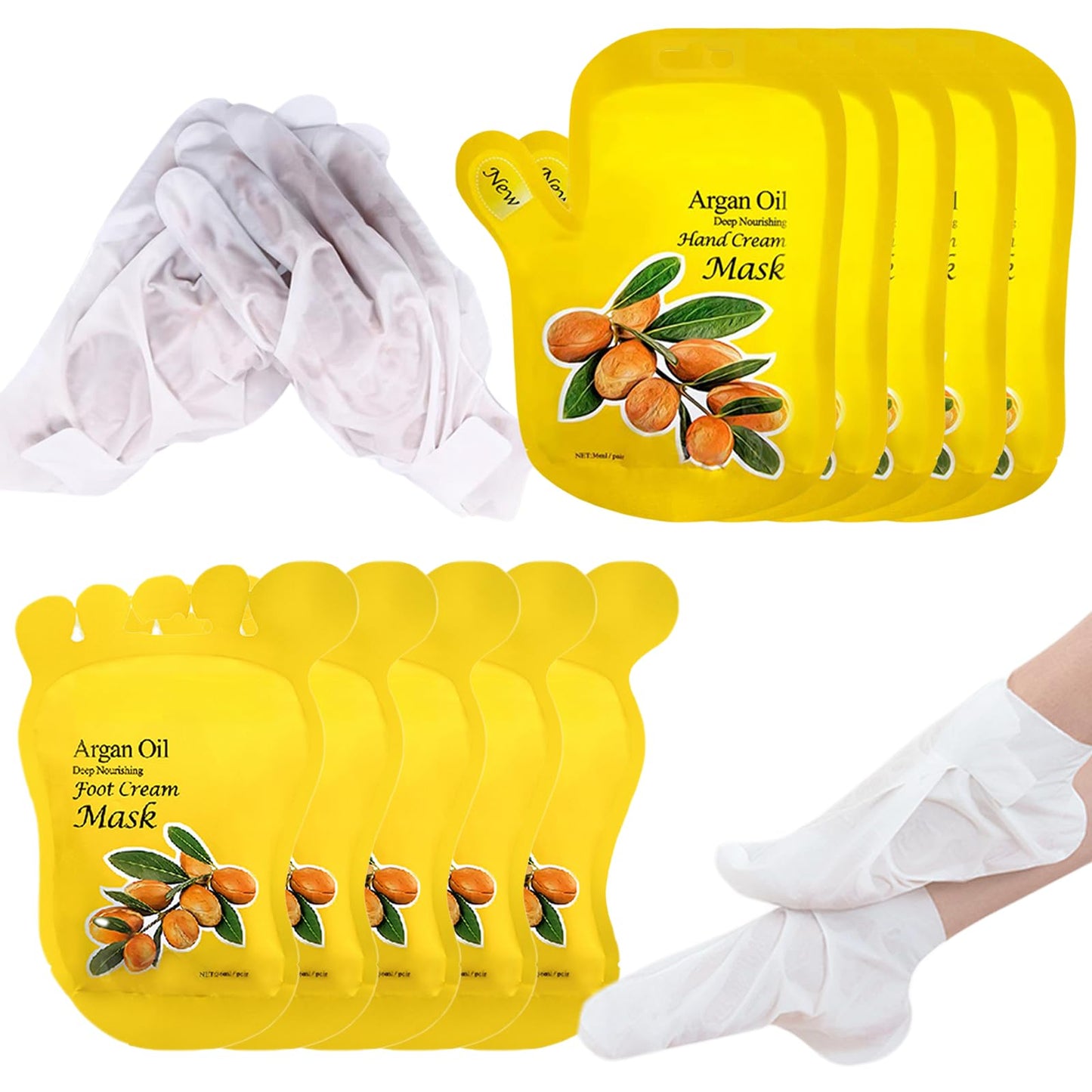 Elitzia Argan Oil Hand Mask & Foot Mask Set 10 Packs (5 Socks & 5 Gloves) Deep Nourishing Moisturizing Hydrating Gloves for Dry Cracked Rough Hands & Feet Self-Care Home Spa for Women Seniors ETAO10