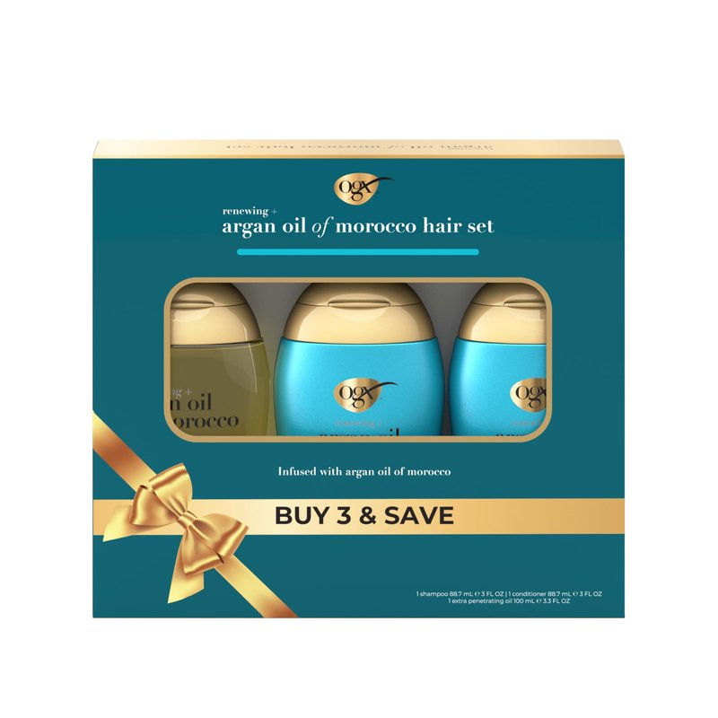 OGX® Renewing + Argan Oil of Morocco Travel Size Hair Care Set, Damage Repairing Shampoo & Conditioner, 2x 3 fl. oz, & OGX® Extra Penetrating Hair Oil Treatment, 3.3 fl. oz, 3 Items