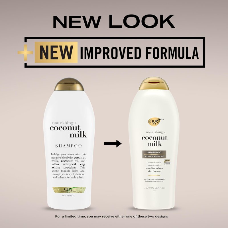OGX Nourishing + Coconut Milk Shampoo, Hydrating & Restoring Shampoo Moisturizes for Soft Hair After the First Use, Paraben-Free, Sulfate-Free Surfactants, 25.4 fl. oz (Pack of 2)