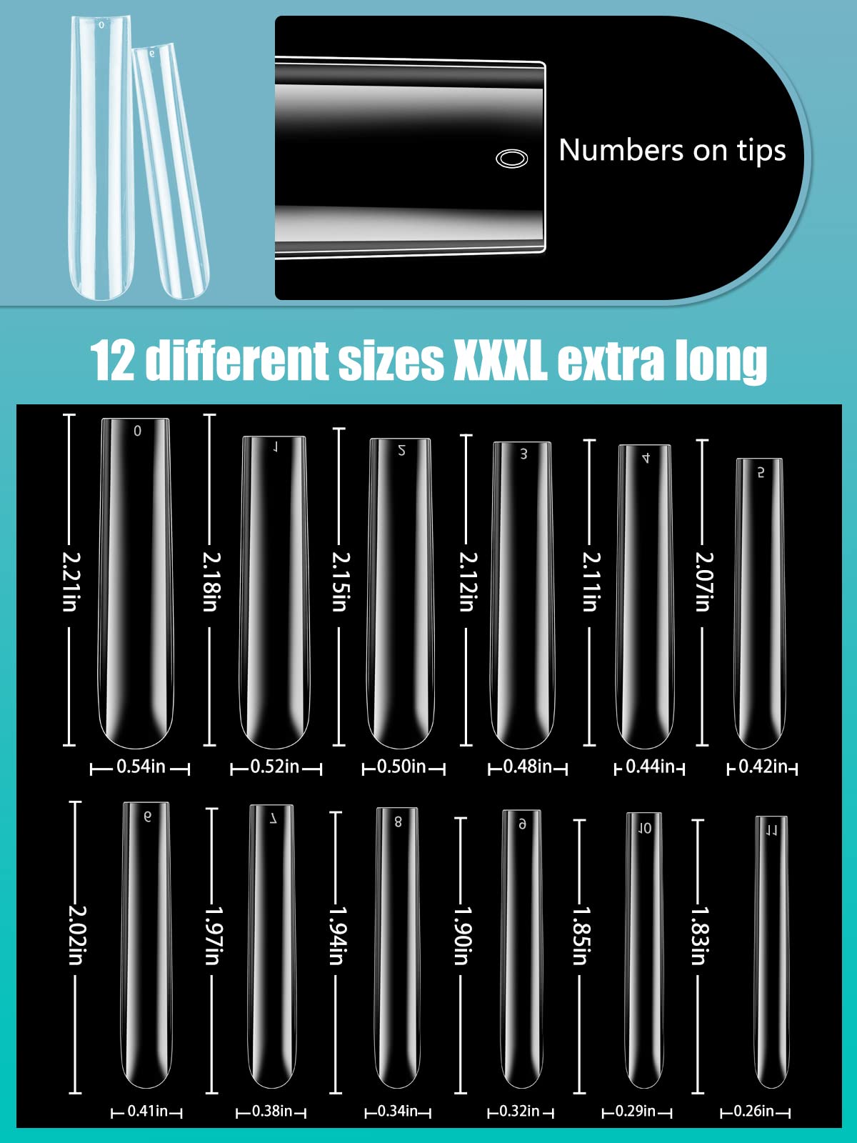 LIONVISON 3XL Clear Full Cover Square Nail Tips for Acrylic Nails Professional, 504PCS Extra Long Tapered Square Straight Nails Tips, 12 Sizes Press On Gel False Nail Tips for Nail Salons Home DIY