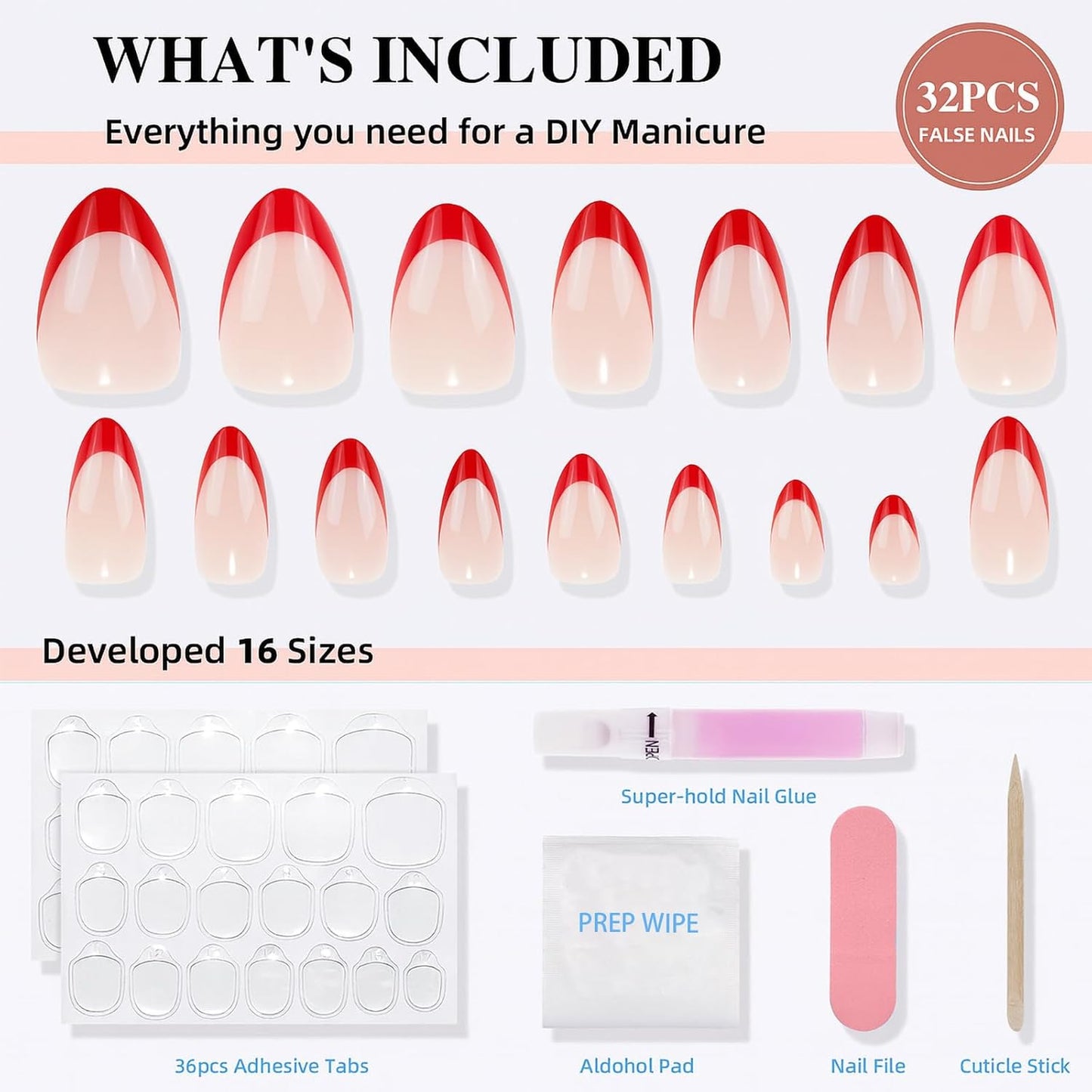 Red French Tip Press On Nails - Glossy Short Almond Set | 32 Count, 16 Sizes, Reusable Nail Kit with Glue