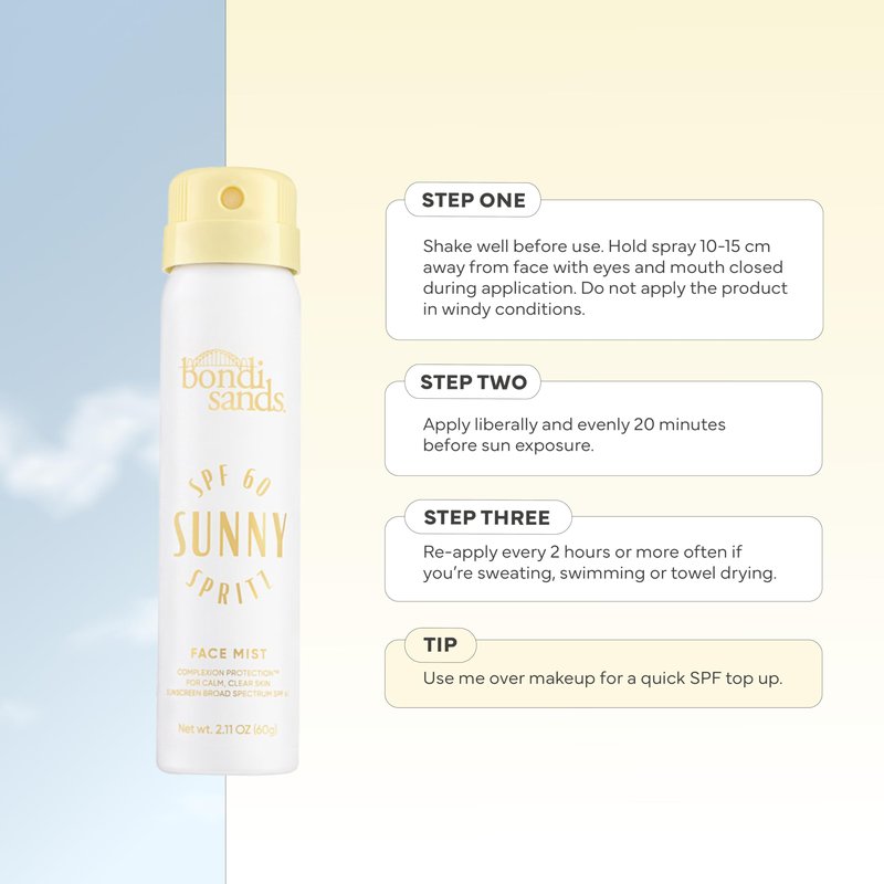 Bondi Sands Sunny Spritz SPF 60 Face Mist, Nourishing + Hydrating Broad Spectrum Sunscreen, Oil-Free, Dermatologist-Approved, Water-Resistant, 2.11 Oz