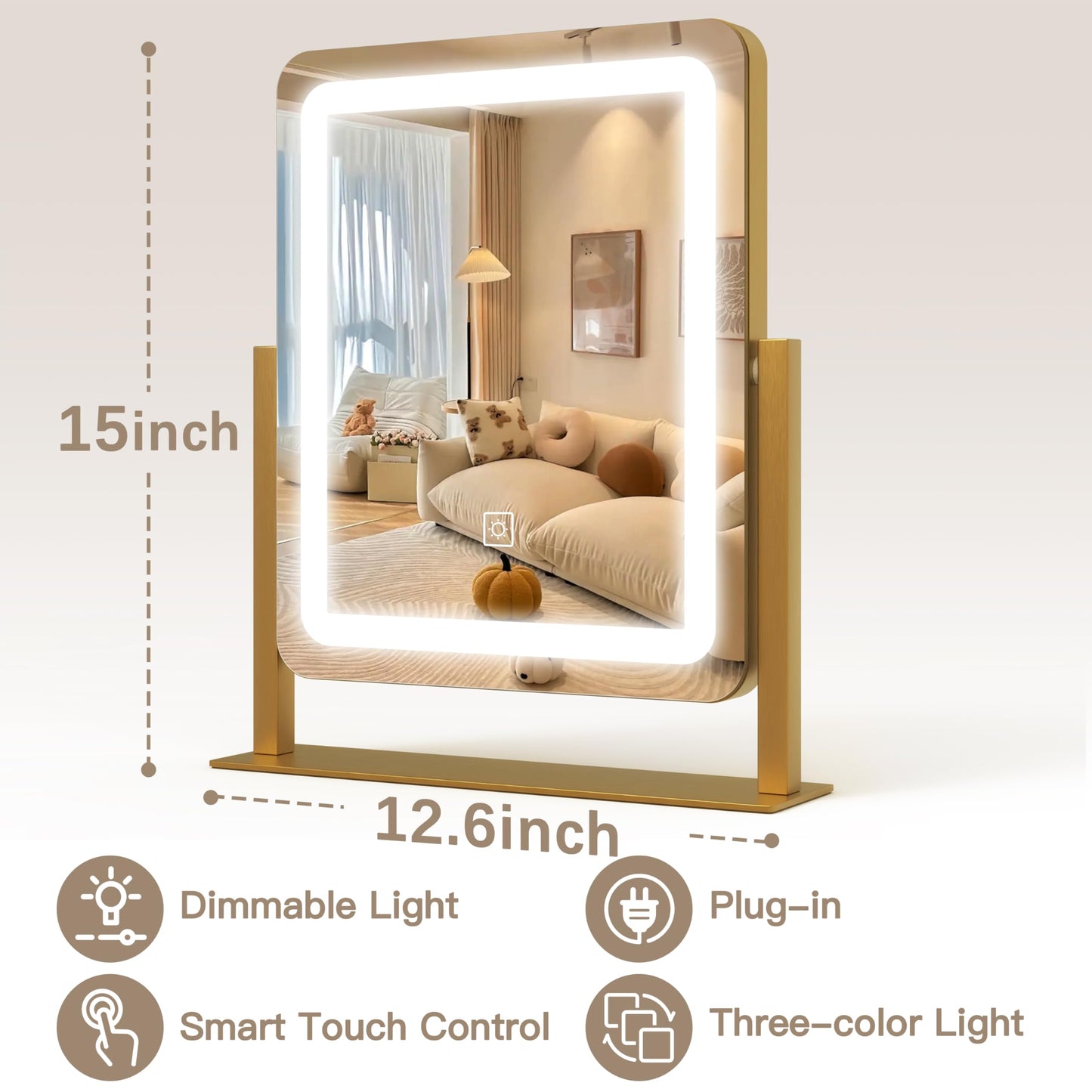 ROLOVE Lighted Makeup Mirror with 3-Color Dimmable Lighting, with Removable 10x Magnifier, Smart Touch Control, 360° Rotation, 15" x 13" Hollywood Vanity Mirror for Tabletop Desk (Gold)