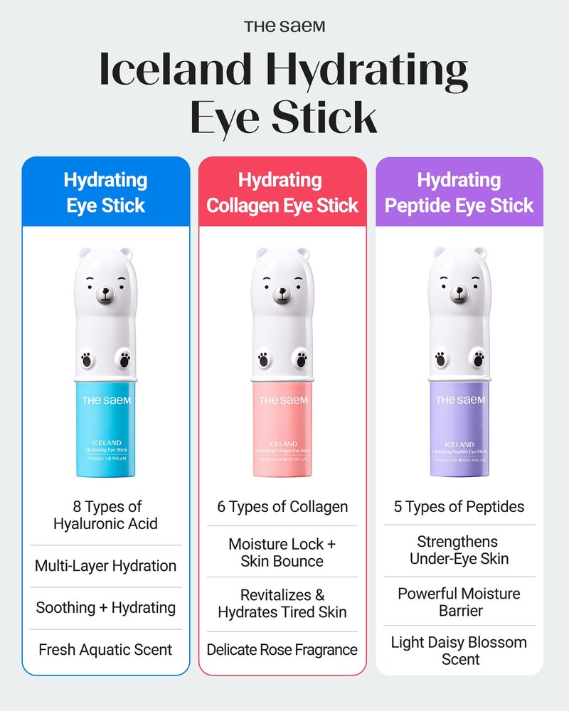 THESAEM Iceland Hydrating Eye Stick Bundle - 2 Pack (Hydrating + Collagen) 0.38 oz each - Cooling Balm for Dark Circles, Puffiness & Wrinkles - Under Eye Treatment with Niacinamide & Collagen