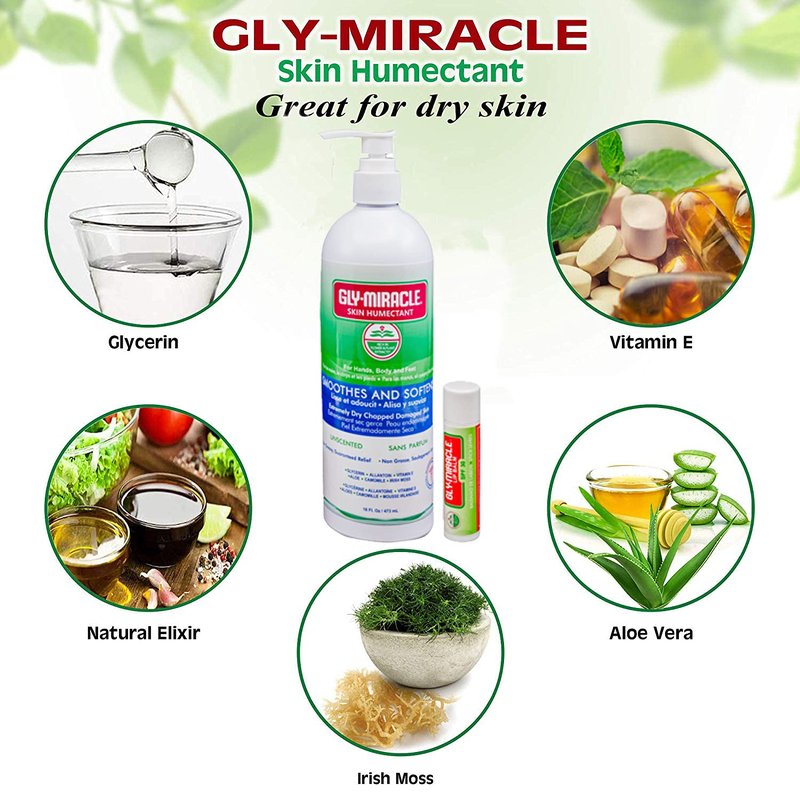 GLY MIRACLE Moisturizing Body Lotion Bundle 16 oz & .15 oz Balm - Non-Greasy Skin Humectant for Extremely Dry Skin, Hands, Body, and Feet, Fragrance-Free with Glycerin and SPF30 Unflavored Lip Balm