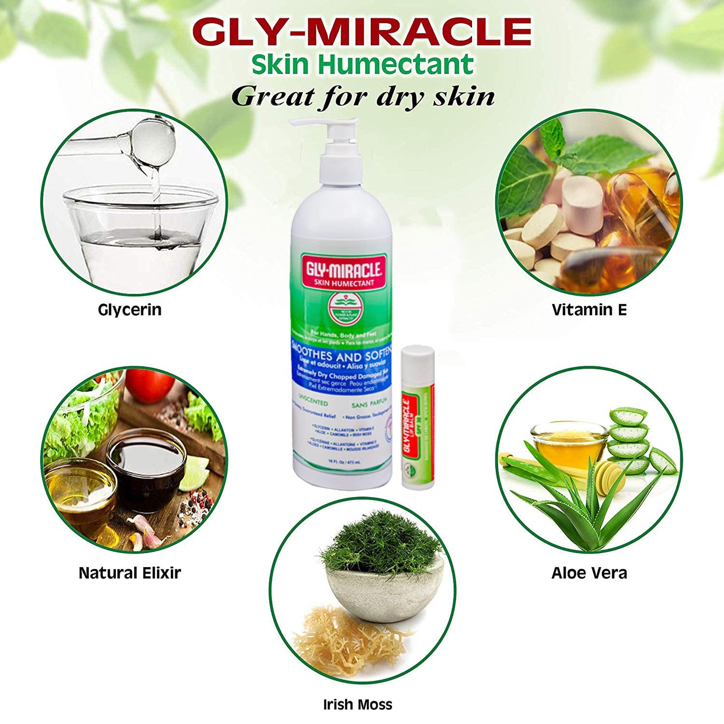 GLY MIRACLE Moisturizing Body Lotion Bundle 16 oz & .15 oz Balm - Non-Greasy Skin Humectant for Extremely Dry Skin, Hands, Body, and Feet, Fragrance-Free with Glycerin and SPF30 Unflavored Lip Balm