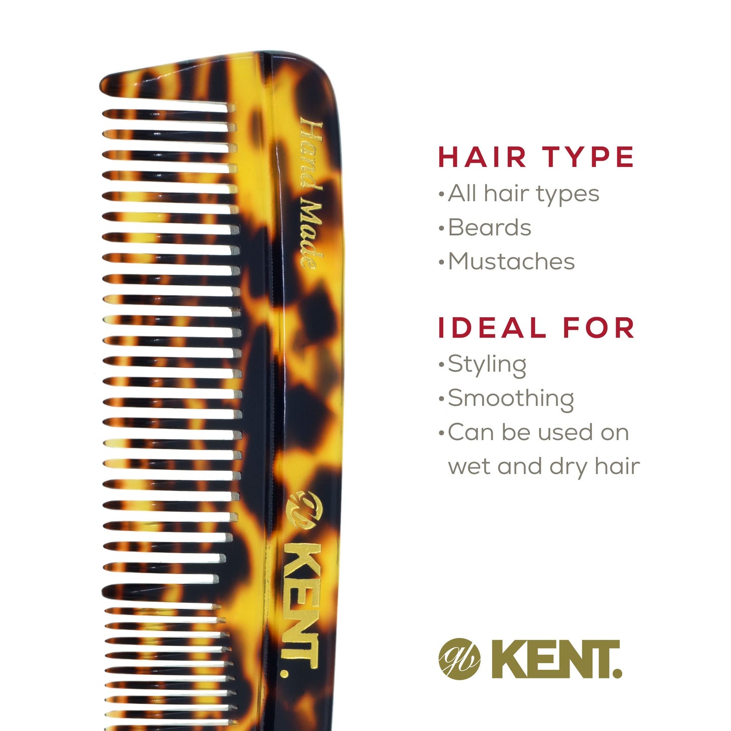 Kent R7T TY Fine and Wide Tooth Hair Comb, Handmade Pocket Comb for Mens Beard and Mustache for Everyday Grooming and Styling, Sawcut Hand polished, Made in England