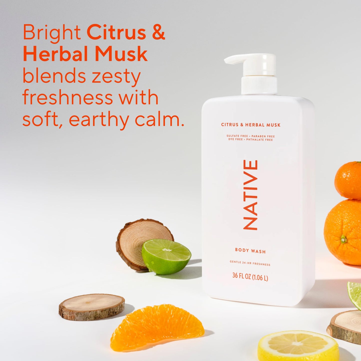 Native Body Wash for Women & Men, Citrus & Herbal Musk, 36 oz Pump Bottle, Sulfate-Free & Gentle