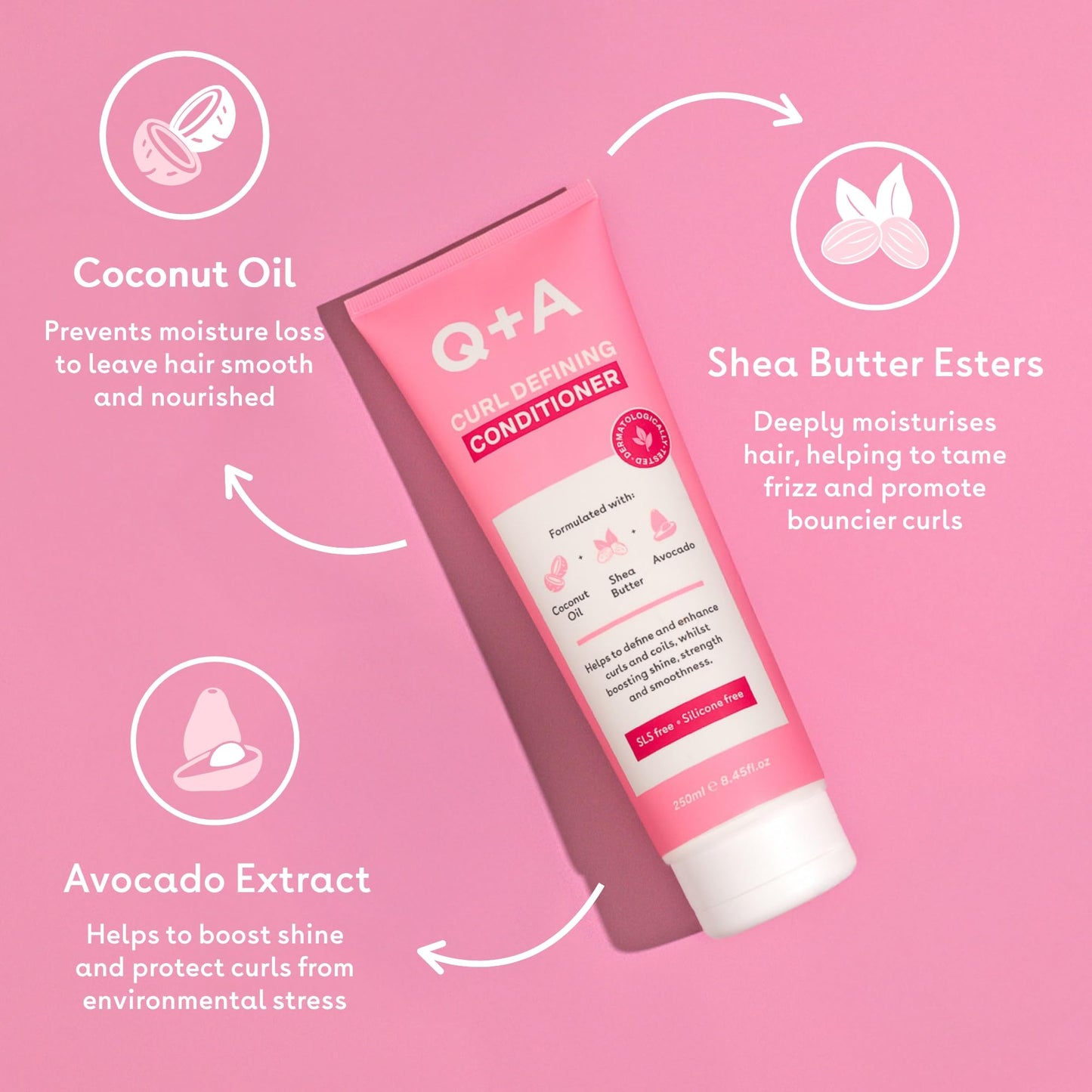 Q+A Curl Defining Conditioner for Hair (250ml), Hair Conditioner, Anti-Frizz, Hydrating Conditioner for Wavy, Curly and Coily Hair, Coconut Oil and Shea Butter Esters Rich Curly Hair Products