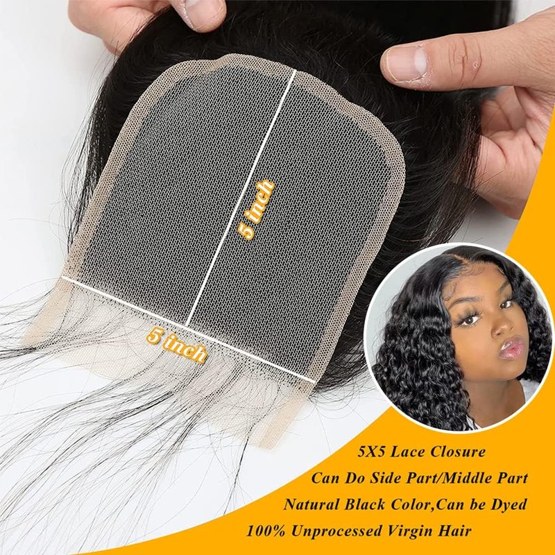 QTHAIR 5x5 Deep Wave HD Lace Closure 16" Invisible Knots 5x5 Swiss Lace Closure Deep Wave Human Hair Pre-Plucked with Baby Hair Curly Closure for Deep Wave Bundles Human Hair