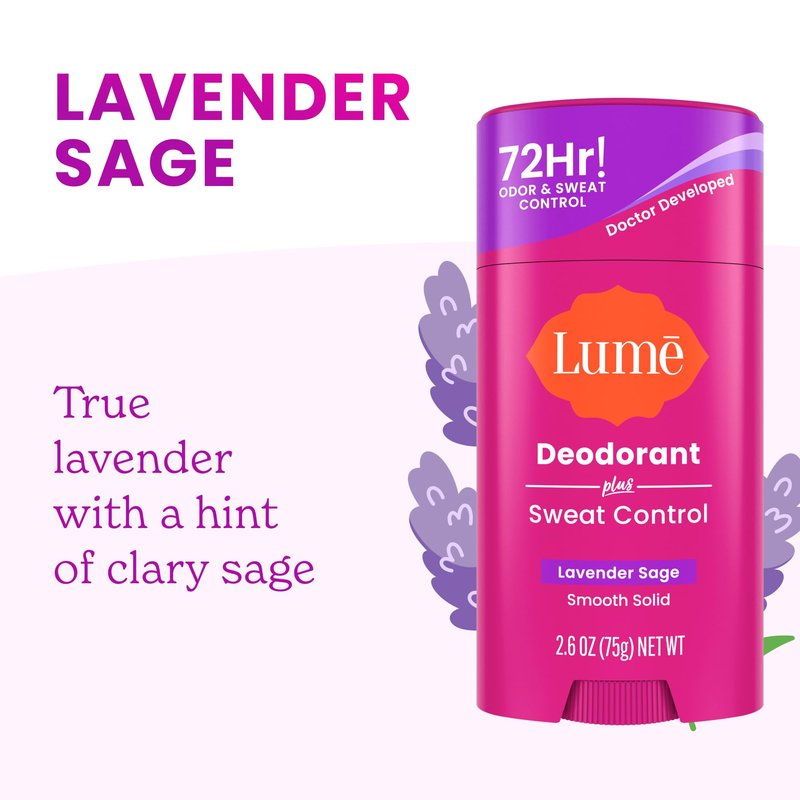 Lume Deodorant Plus Sweat Control - Smooth Solid Stick - Extra Strength Antiperspirant - 72 Hour Odor And Sweat Control - Baking Soda Free, Skin Loving - 2.6 ounce (Lavender Sage) Pack of 2