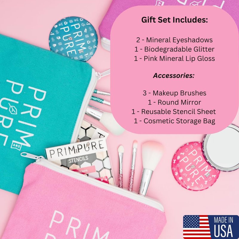 Prim and Pure Kids Makeup Gift Set - Stencil, Makeup Eyeshadow Bioglitter Lip Gloss and Cosmetic Bag Mirror Makeup Brush Accessories (Unicorn Pink)