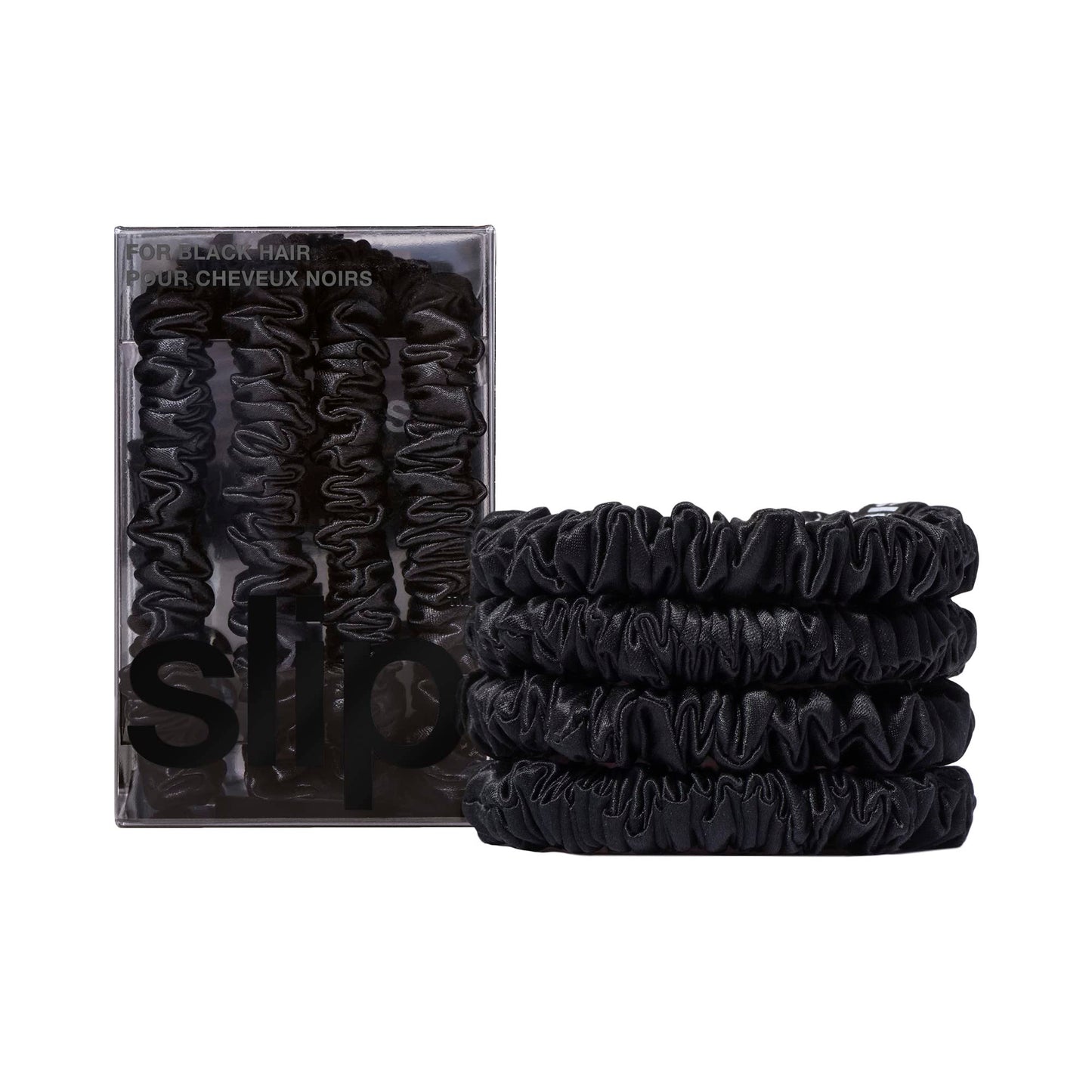 Slip Silk Hair Ties — Skinny Silk Black Scrunchies, No Damage, No Crease, Anti-Breakage |100% Mulberry Silk | All Hair Types | Made with Proprietary Slipsilk™ | Set of 4
