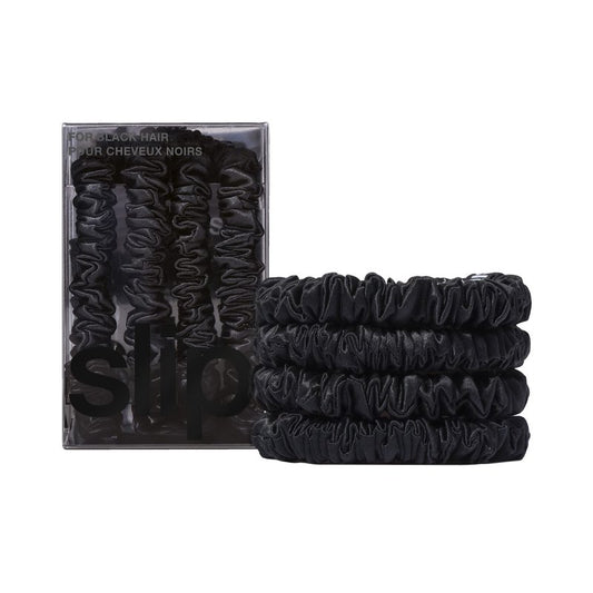 Slip Silk Hair Ties — Skinny Silk Black Scrunchies, No Damage, No Crease, Anti-Breakage |100% Mulberry Silk | All Hair Types | Made with Proprietary Slipsilk™ | Set of 4
